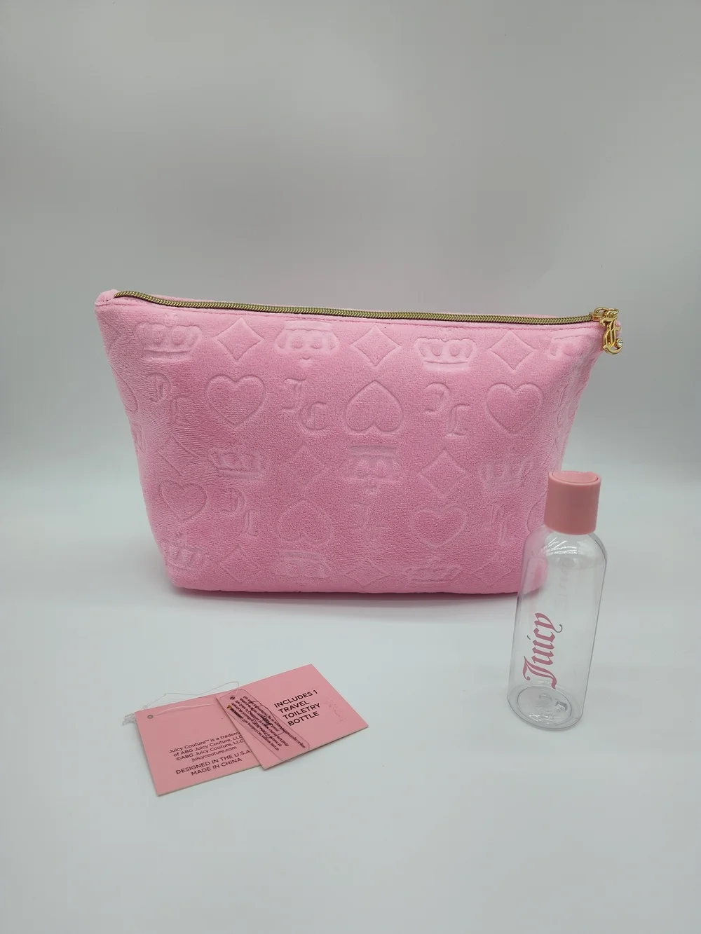 JUICY COUTURE Pink Velour Monogram Cosmetic Bag Travel Bottle NWT